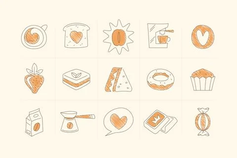 Hand Drawn Coffee Cake Baking Sketch Set With Heart And Various Treats Stock Illustration