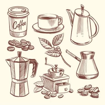 Hand drawn coffee cup, beans, leaves, coffeepot and coffee grinder vector Stock Illustration