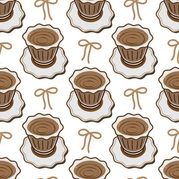 Hand drawn coffee cup seamless pattern. Mediterranean cafe doodle vector with Stock Illustration