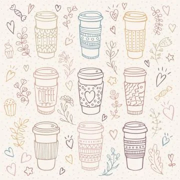 Hand-drawn coffee cup set with floral background Illustrazione stock