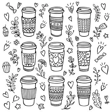 Hand-drawn coffee cup set with floral background Stock Illustration