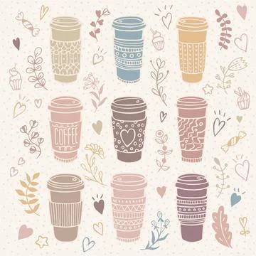 Hand-drawn coffee cup set with floral background Stock Illustration