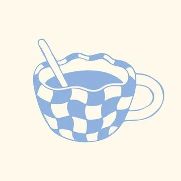 Hand drawn coffee cup with spoon in checkered pattern. Minimal blue line vector Stock Illustration