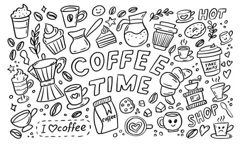 Hand drawn coffee doodle set with cups and beans 스톡 일러스트