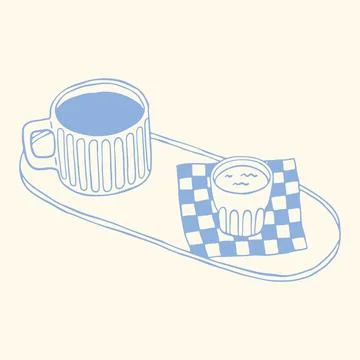 Hand drawn coffee mug and small cup on tray with checkered napkin in minimalist Stock Illustration