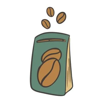 Hand-drawn coffee Packaging. Coffee Beans fall into Pack. Storing hot drink.. Stock Illustration
