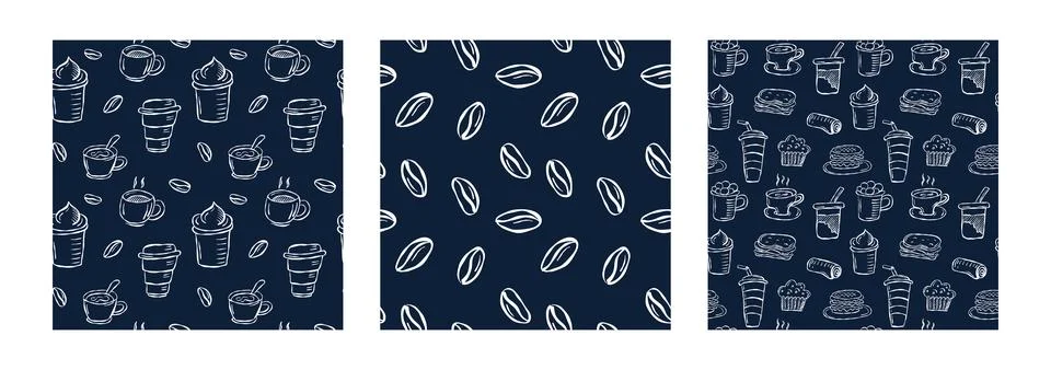 Hand drawn coffee pattern set on dark background Stock Illustration