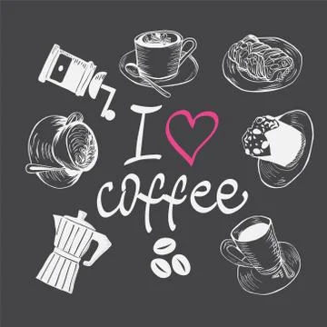 Hand drawn coffee set. Stock Illustration