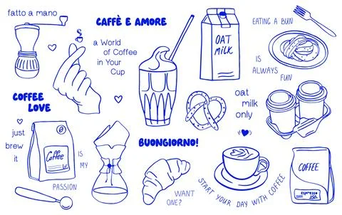 Hand drawn coffee set with various caffeine elements, pastries, and lettering. Stockillustratie