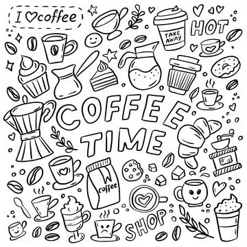 Hand drawn coffee time doodle set with cups and beans Stock Illustration