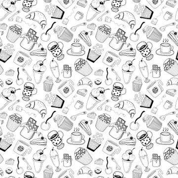 Hand Drawn Coffee Vector Illustration Breakfast seamless pattern Stock Illustration