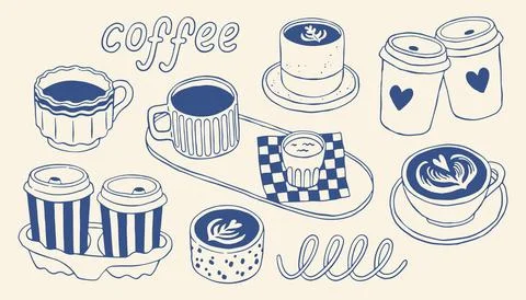 Hand drawn coffee vector illustration set with cups, takeaway mugs, latte art Stock Illustration