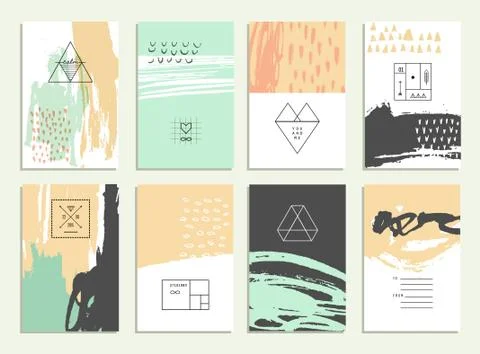 Hand drawn collection of artistic invitations with trendy geometric icons and Stock Illustration