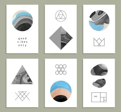 Hand drawn collection of artistic invitations with textures and trendy geomet Stock Illustration