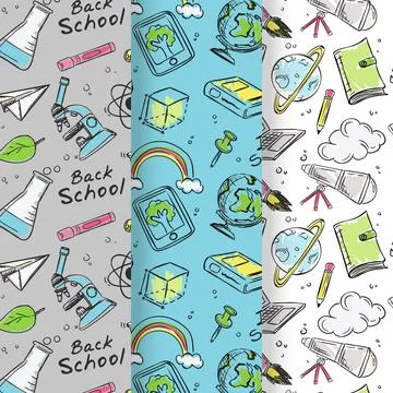 Hand drawn collection of back to school patterns Stock Illustration