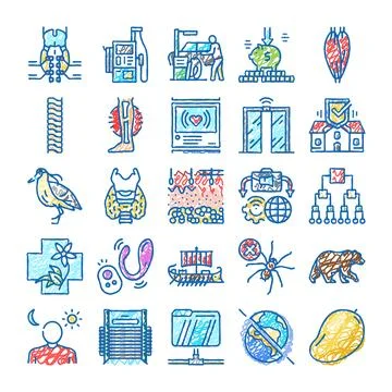 Hand drawn collection different icons representing various concepts Stock Illustration