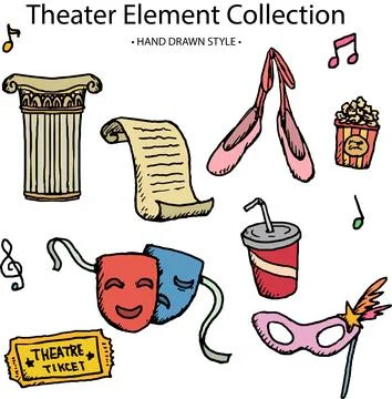 Hand-drawn collection of different theater elements Stock Illustration