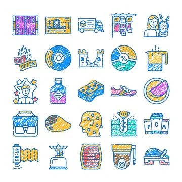 Hand drawn collection different vector icons set Stock Illustration