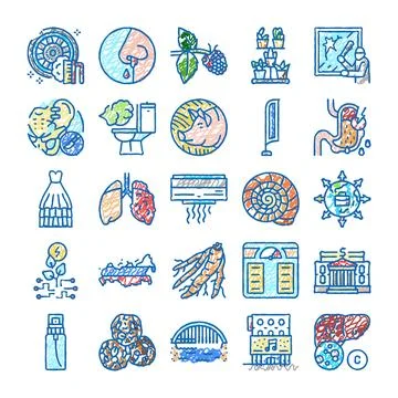 Hand drawn collection of diverse doodle glyph icons Stock Illustration