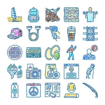 Hand drawn collection of diverse doodle icons 스톡 일러스트