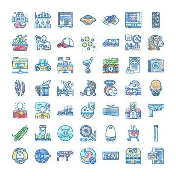 Hand drawn collection of diverse scribbled icons representing various concept Stock Illustration