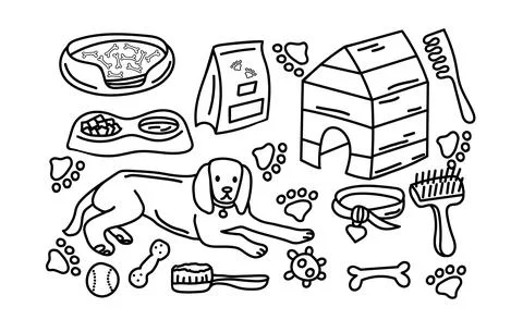 Hand drawn collection of dog theme: bone, food, kennel, toys. Set of pet elem Stock Illustration