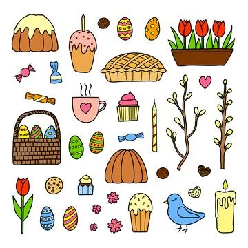 Hand drawn collection of easter items. Stock Illustration