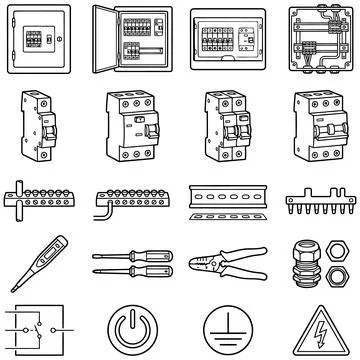 Hand-Drawn Collection of Electrical Components and Circuit Installation Icons Stock Illustration