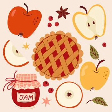 Hand drawn collection featuring red apples, sweet apple pie, jam jar and arom Stock Illustration
