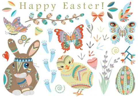 Hand drawn collection with Happy Easter holiday traditional symbols and objects Stock Illustration