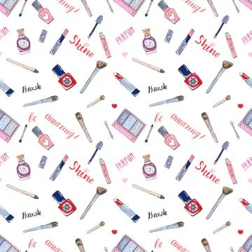 Hand drawn collection of make up, cosmetics and beauty items seamless pattern Stock Illustration