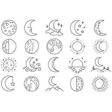 Hand Drawn Collection of Moon Phases and Celestial Objects Icons Set 库存插图