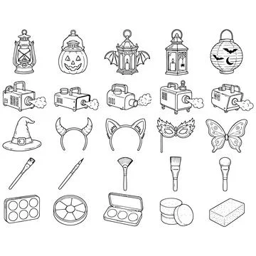 Hand-Drawn Collection of Party Props and Face Painting Supplies for Festive.. Stockillustratie