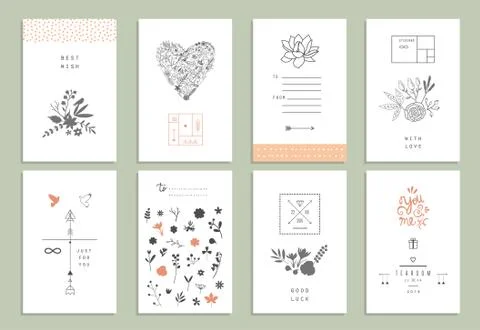 Hand drawn collection of romantic invitations. Wedding, marriage, bridal, bir Stock Illustration