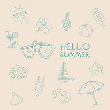 Hand drawn Collection Set Of Element Symbol Hello Summer - Doodle Vector Stock Illustration