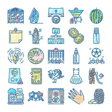 Hand drawn collection of varied vector icons Stock Illustration