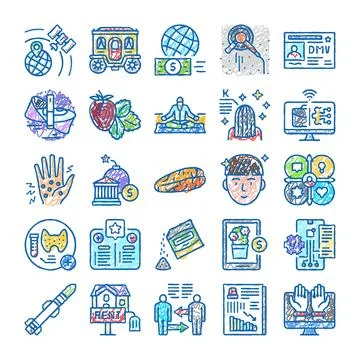 Hand drawn collection of varied vector line icons Illustrazione stock