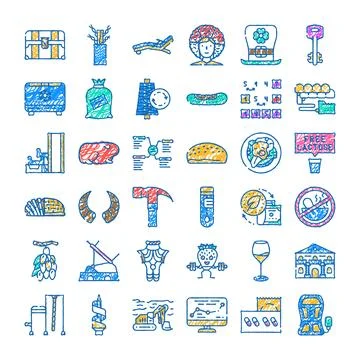 Hand drawn collection of various doodle icons Ilustración de archivo