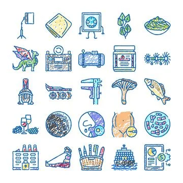 Hand drawn collection of various objects and symbols Stock Illustration