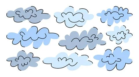 Hand drawn collection of vector clouds and bubbles in blue shades. 库存插图