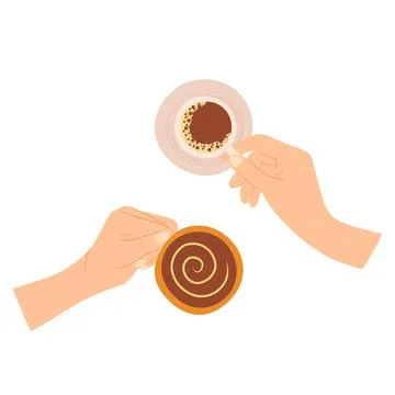 Hand drawn color sketch vector illustration of hands holding coffee cups in t 스톡 일러스트