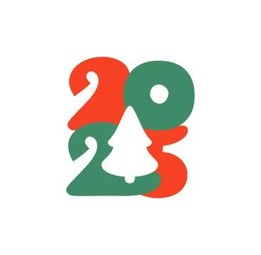 Hand drawn color vector number text 2025 with fir tree. Happy New Year Chri.. Illustrazione stock