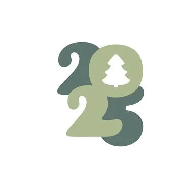 Hand drawn color vector number text 2025 with fir tree. Happy New Year Christ Stock Illustration
