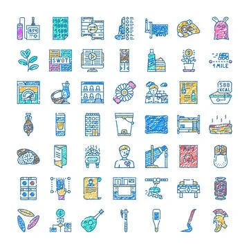 Hand drawn colored business technology medical food icons 스톡 일러스트