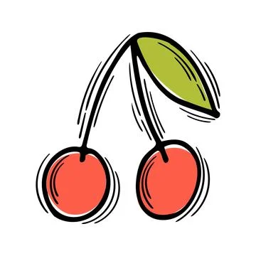Hand drawn colored cherry on white background. Cute summer element. Doodle,.. Stock Illustration