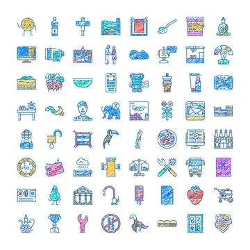 Hand drawn colored doodle icon collection on white background Stock Illustration