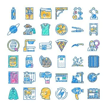 Hand drawn colored doodle icons set collection Illustrazione stock