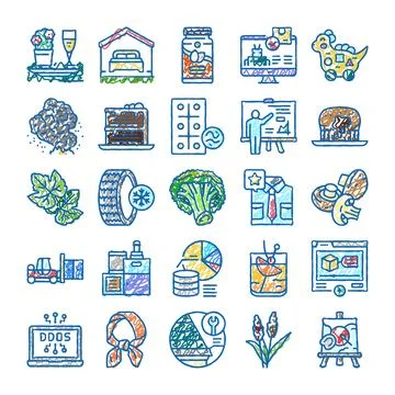Hand drawn colored doodle icons collection set Stock Illustration
