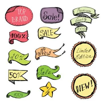 Hand Drawn colored Doodle label, ribbon and Design Elements Stock Illustration