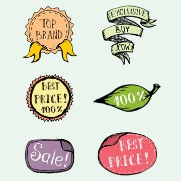 Hand Drawn colored Doodle label, ribbon and Design Elements Stock Illustration